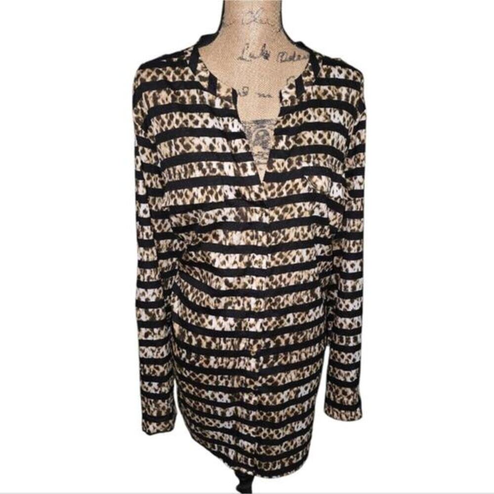 Calvin Klein Women's 3X Leopard Stripe Button Front Long Sleeve Blouse Top 3X